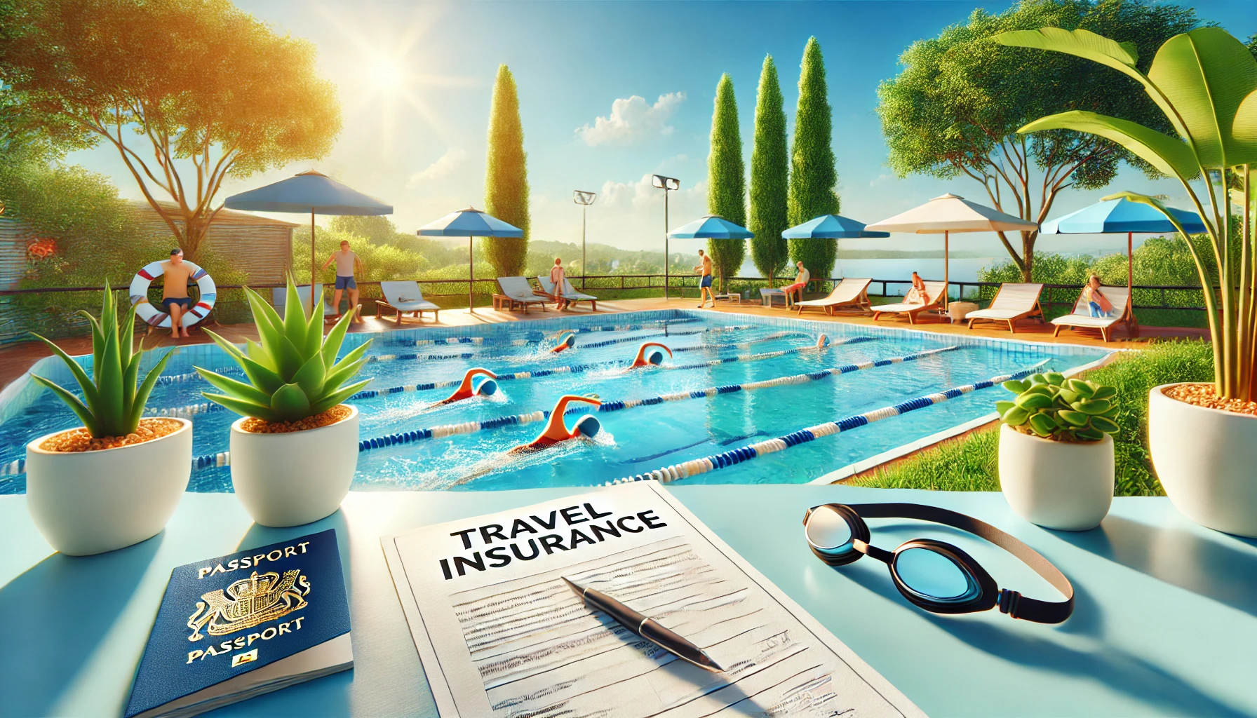 Ein Formular für Reiseversicherung mit einem Stift, einer Schwimmbrille und einem Reisepass im Vordergrund, während im Hintergrund ein sonniger Poolbereich mit Schwimmern und Liegen zu sehen ist.
