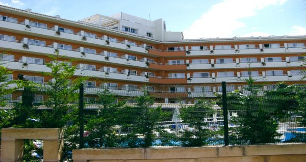 Außenansicht des Hotels Janeiro mit mehrstöckigen Balkonen und gepflegten Pflanzen im Vordergrund.