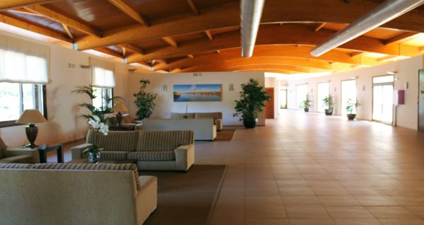 Großzügige Hotellobby mit Holzbalkendecke, bequemen Sofas, Pflanzen und Wanddekoration.