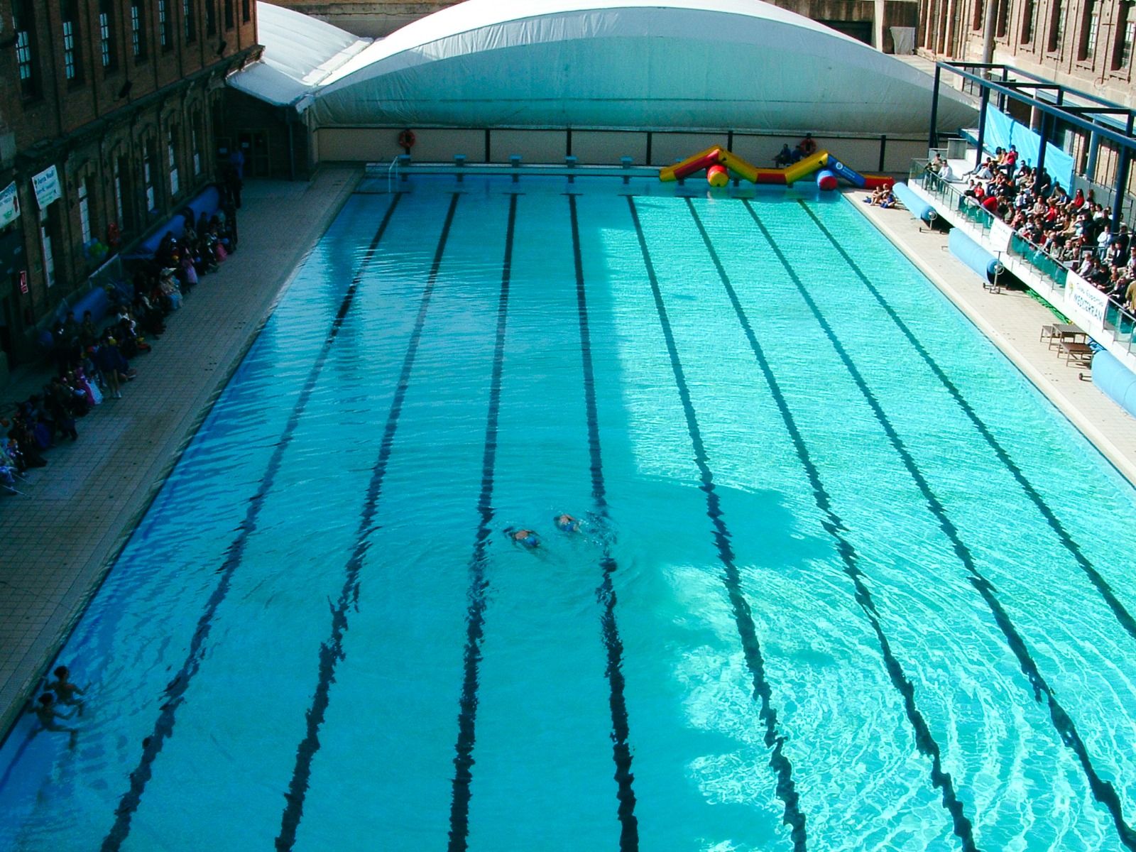 Schwimmbecken mit mehreren Bahnen, ein typischer Trainingsbereich für Schwimmer, von Zuschauern flankiert.
