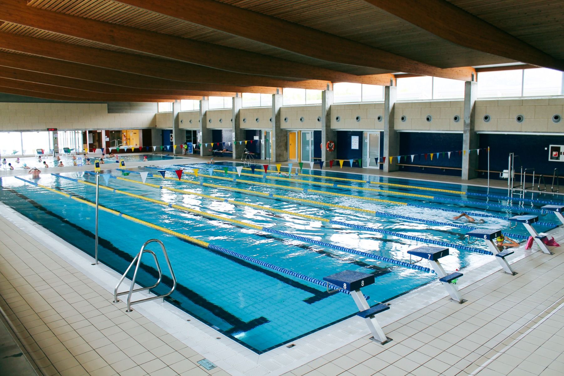 Panoramaansicht eines Hallenbades mit mehreren Schwimmbahnen und Startblöcken.