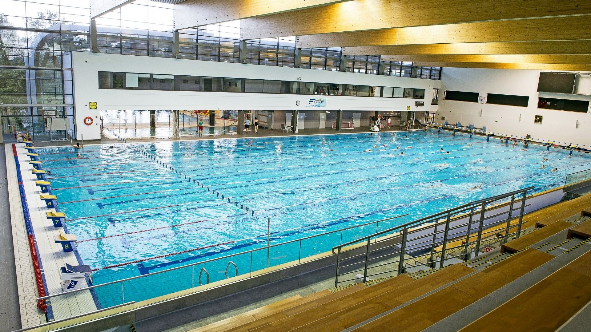 Großes Hallenbad mit mehreren Schwimmbahnen, modernen Einrichtungen und heller Holzdecke, geeignet für Training und Erholung.