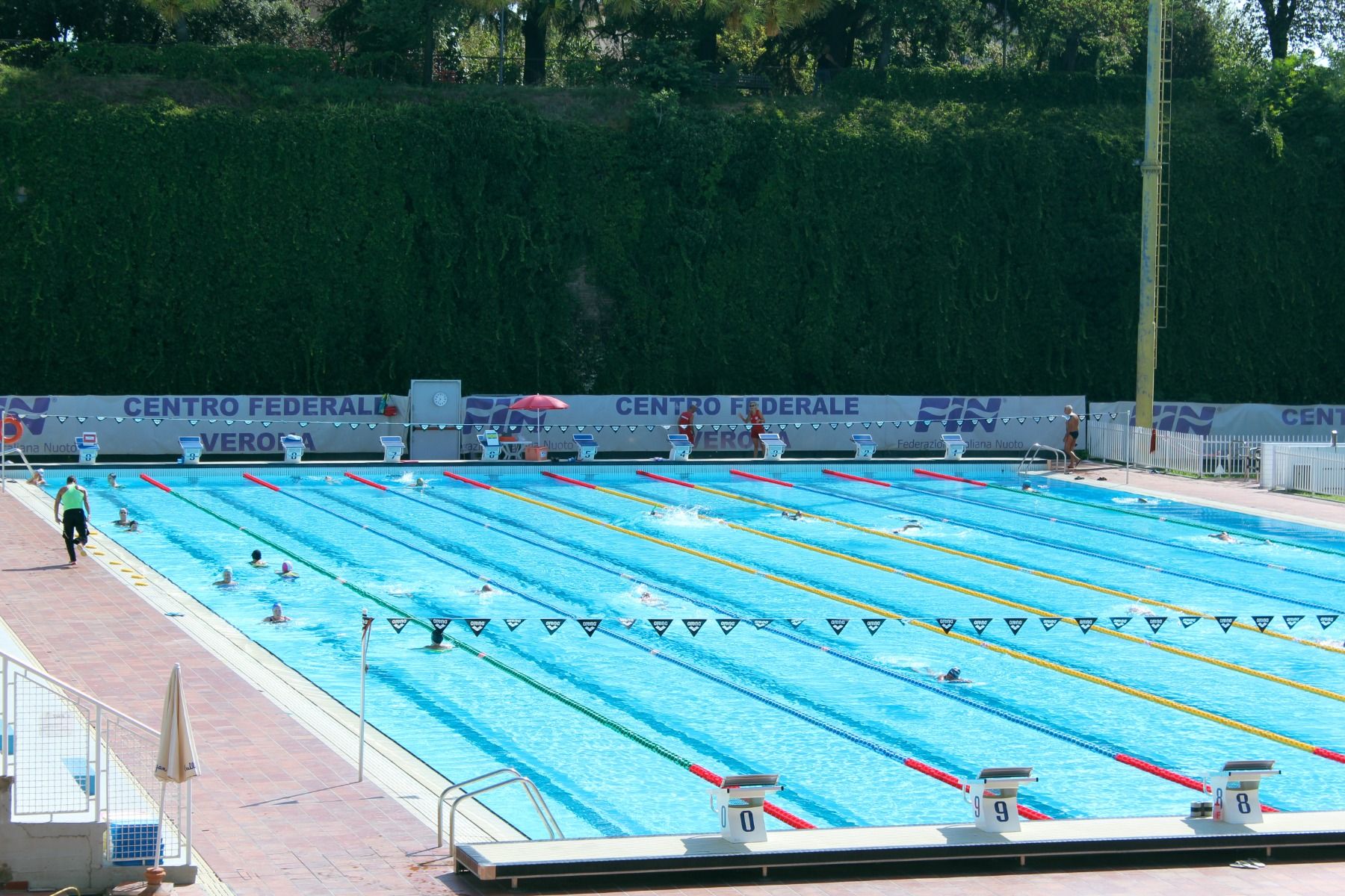 Blick auf das Centro Federale Verona mit klaren Schwimmbahnen, Startblöcken und Bademeistern an der Seite, umgeben von einer grünen Hecke