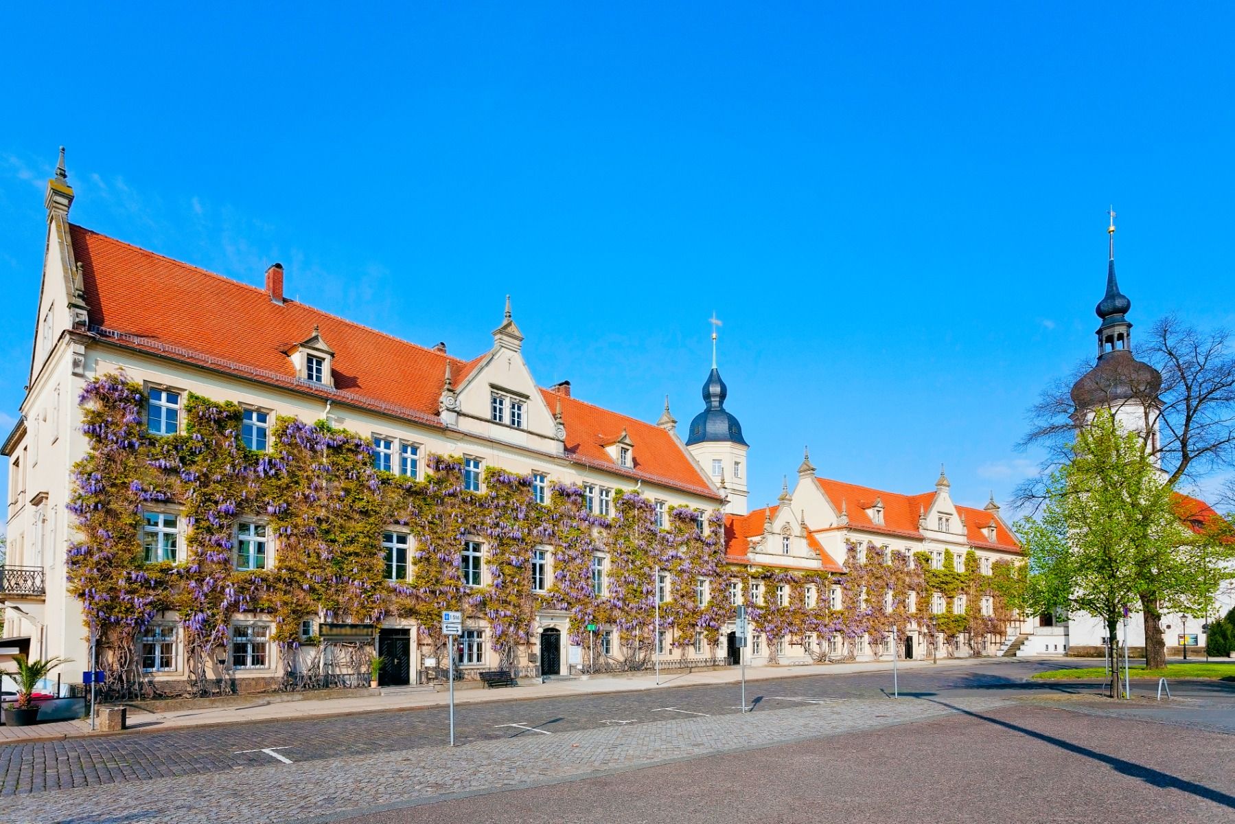 Aussenansicht des Mercure Hotels mit blumenüberwachsener Fassade in Riesa, Sachsen
