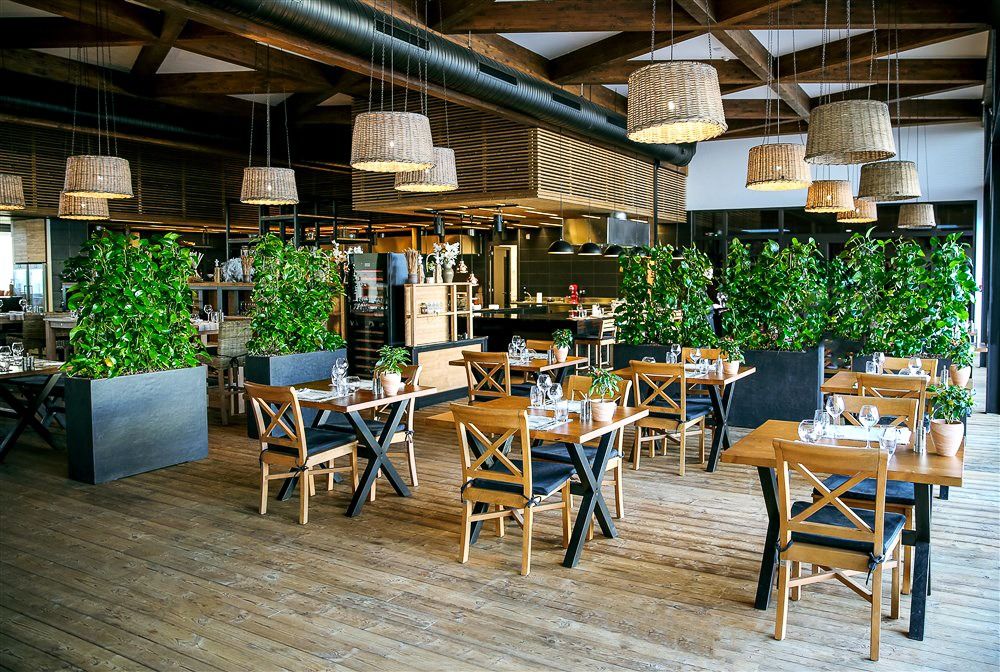 Modernes Restaurant mit Holzoptik, Pflanzen, offenen Küchenbereich und hängenden Lampen im X-Bionic Sphere Hotel.