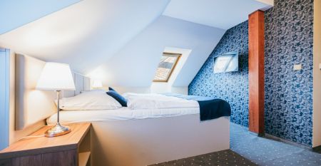 Stilvoll eingerichtetes Hotelzimmer mit einem Doppelbett, blauer Wandtapete und Dachschräge mit Fenster.