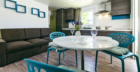 Außenansicht eines modernen Mobilheims mit Holzverkleidung und überdachter Terrasse im Mobile Homes Terme Ptuj.