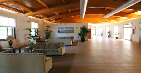 Großzügige Hotellobby mit Holzbalkendecke, bequemen Sofas, Pflanzen und Wanddekoration.