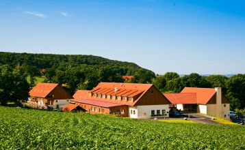 JUFA Tieschen Hotel, umgeben von grünen Feldern und bewaldeten Hügeln, mit traditioneller Architektur und roten Dächern.