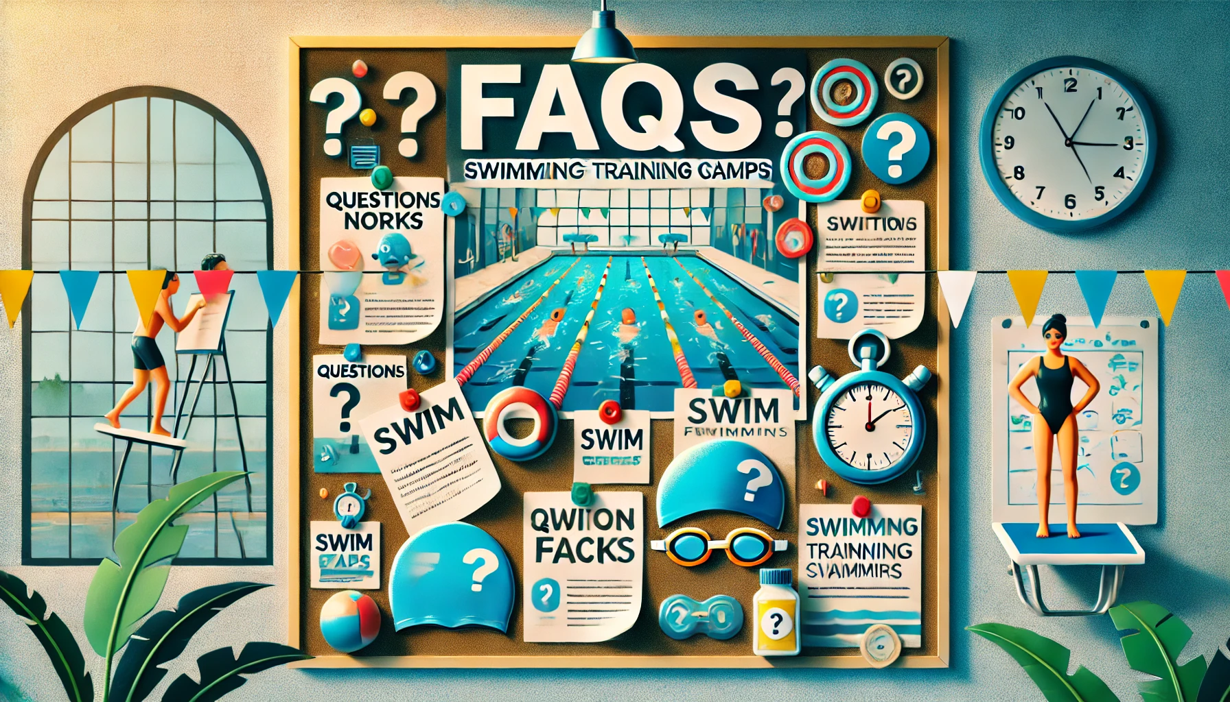 Eine Pinnwand voller Fragen und Informationen zu Schwimmtrainingslagern, mit Illustrationen von Schwimmutensilien, Stoppuhren und einer Schwimmerin auf einem Startblock.