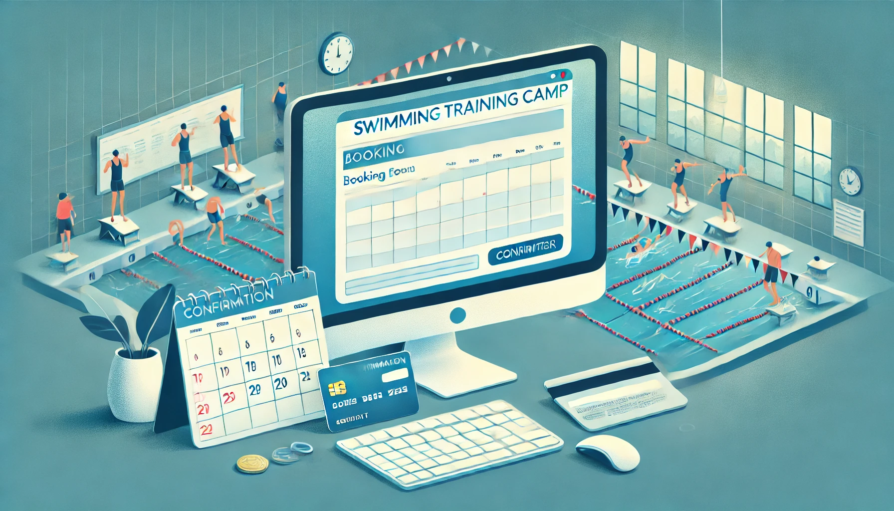 Ein Computerbildschirm zeigt eine Buchungsseite für ein Schwimmtrainingslager, mit einem Kalender, einer Kreditkarte und einem Schwimmbad im Hintergrund, in dem Athleten trainieren.
